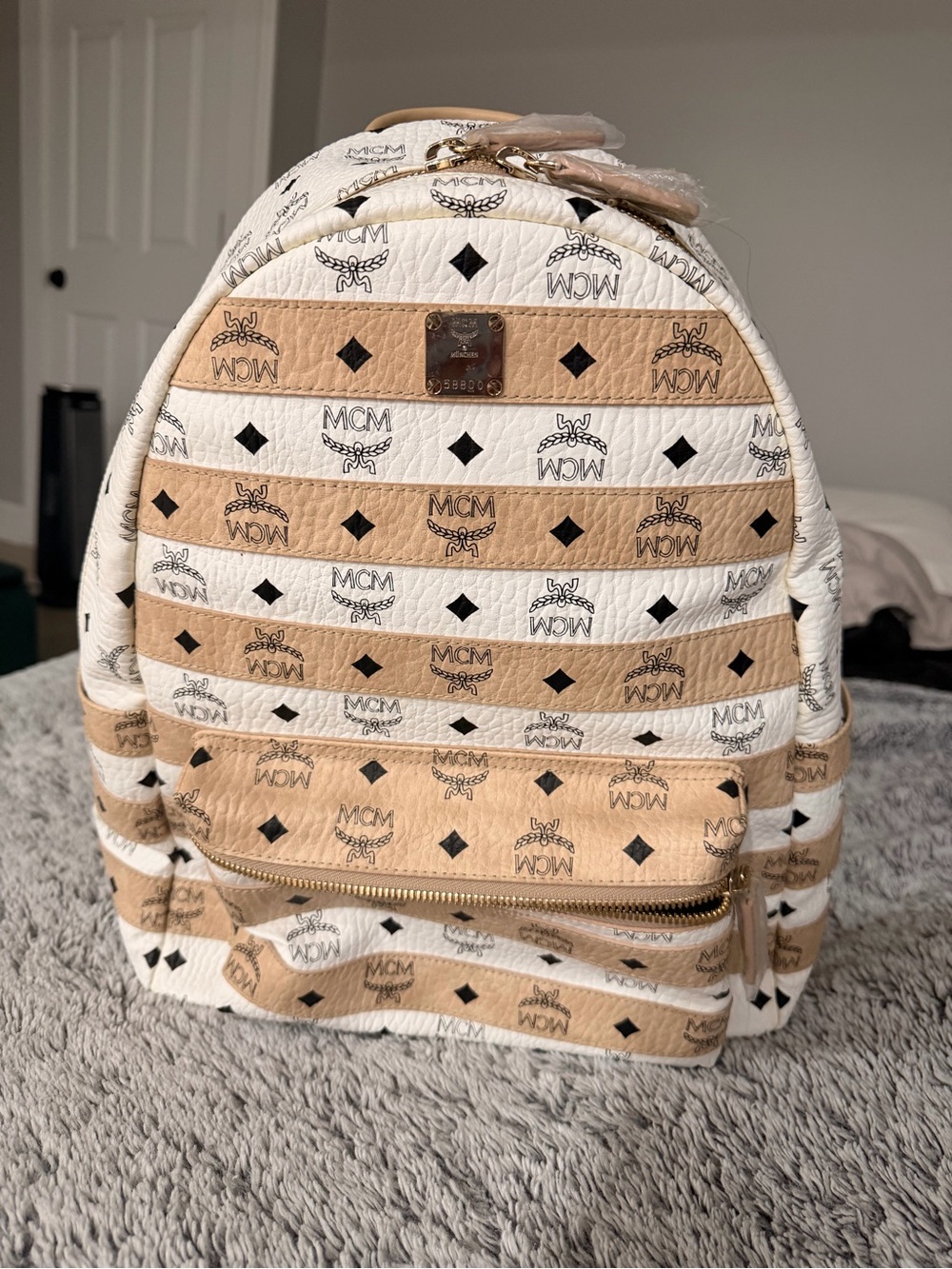 MCM White and Cognac Striped Visetos Rucksack